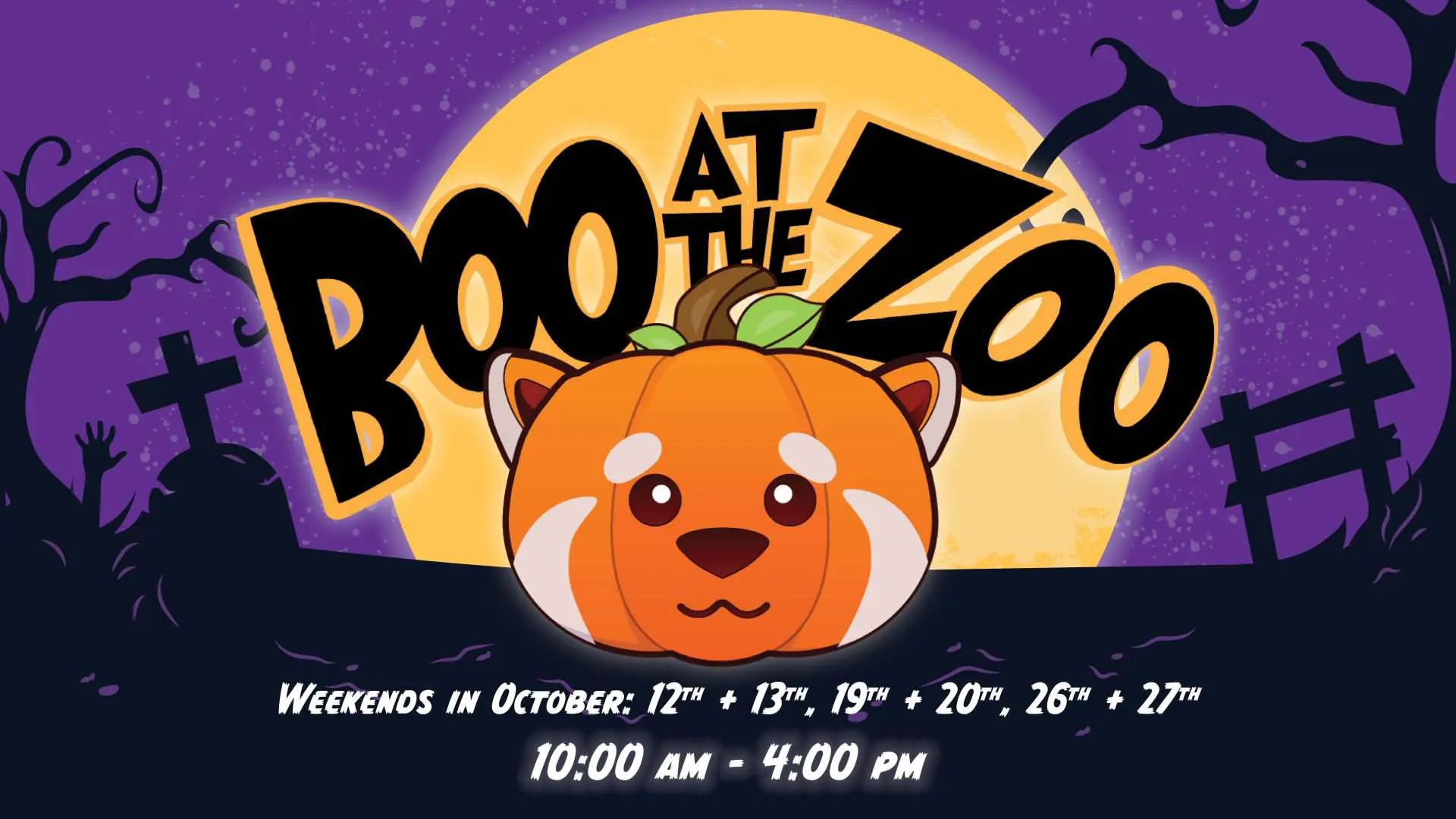 BATZ_WebsiteGraphic_2023 Boo at the Zoo logo with pumpkin to look like a red panda. Listing dates and times of the event.